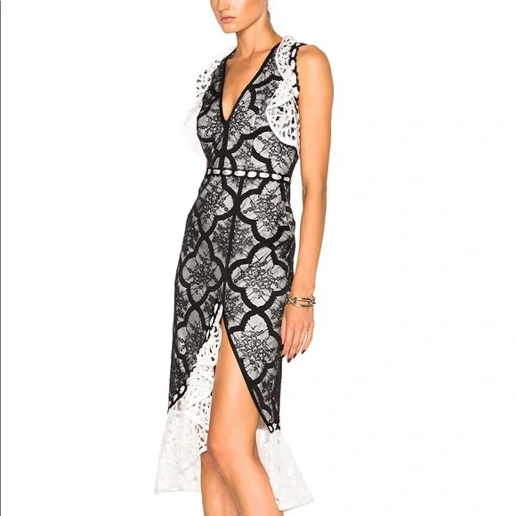 Alexis Emily Black and White Lace Ruffle Cap Sleeve Midi Dress with Side Slit XS - Picture 3 of 16